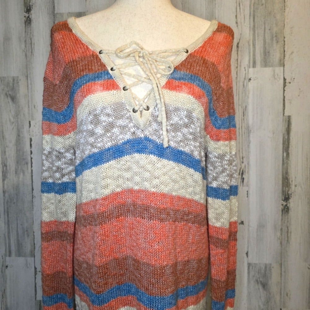 Natural Reflections Striped Lace-Up Knit Sweater Women’s Size L Multicolor Boho